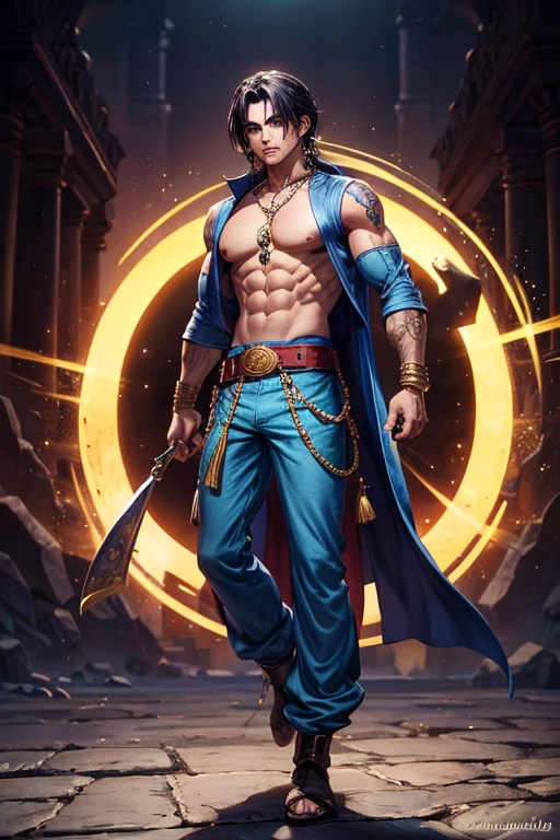 Aladdin, 20 years, cabello corto negro dorado oscuro, cabello corto desordenado, ojos marrones oscuro, ropa de djinn, chaleco abierto sin mangas plata claro, light silver vest with blue Arabic print, light red arabic pants, Golden Belt, pulsera djinn con gemas plateadas , botas marrones, tatuajes morados fosforescentes, rodeado de fuego y humo morado, muscular build of the delegate, manos atadas con cadenas y pies rodeados de cadenas blancas, purple magic circles in each hand on a background of arabic ruins.