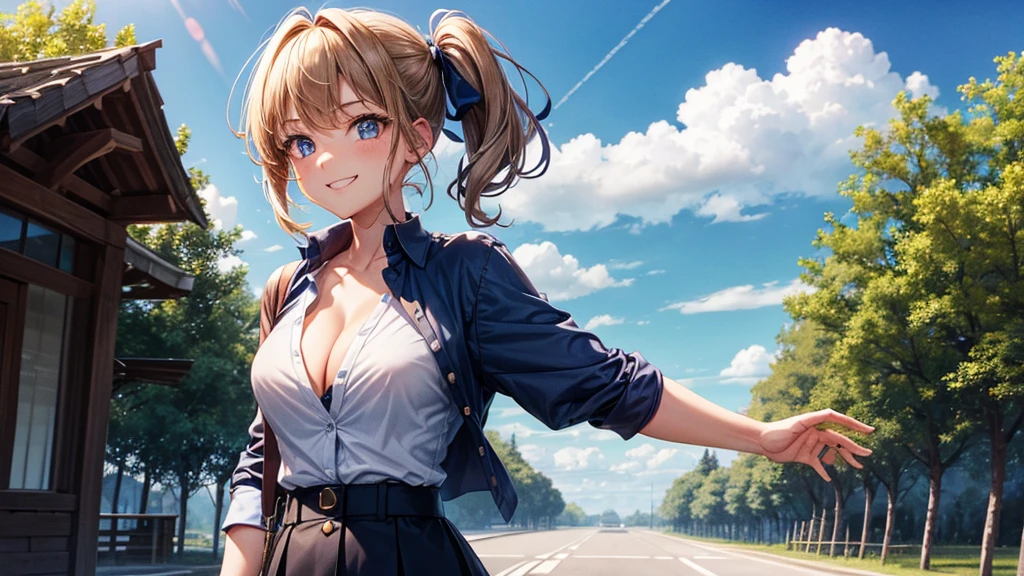 1girl, solo, summer, village, trees, sun, clouds, chestnut hair, side ponytail, large breasts, ((popping shirt buttons)), button down, unbuttoning buttons, taking off clothes, white bra, dark blue eyes, ((dark blue shirt)), ((unbuttoned shirt)), ((short sleeved shirt)), cleavage 1:3, black skirt, brown shoes, grin, looking at the viewer, standing, hair ribbon, golden necklate