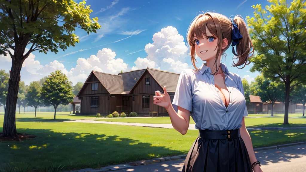 1girl, solo, summer, village, trees, sun, clouds, chestnut hair, side ponytail, large breasts, ((popping shirt buttons)), button down, unbuttoning buttons, taking off clothes, white bra, dark blue eyes, ((dark blue shirt)), ((unbuttoned shirt)), ((short sleeved shirt)), cleavage 1:3, black skirt, brown shoes, grin, looking at the viewer, standing, hair ribbon, golden necklate