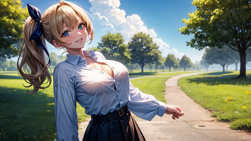 1girl, solo, summer, village, trees, sun, clouds, chestnut hair, side ponytail, large breasts, ((popping shirt buttons)), button down, unbuttoning buttons, taking off clothes, white bra, dark blue eyes, ((dark blue shirt)), ((unbuttoned shirt)), ((short sleeved shirt)), cleavage 1:3, black skirt, brown shoes, grin, looking at the viewer, standing, hair ribbon, golden necklate