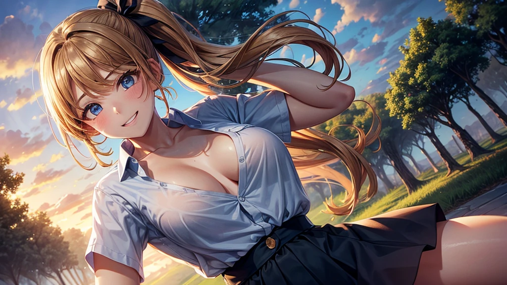 1girl, solo, summer, village, trees, sun, clouds, chestnut hair, side ponytail, large breasts, ((popping shirt buttons)), button down, unbuttoning buttons, taking off clothes, white bra, dark blue eyes, ((dark blue shirt)), ((unbuttoned shirt)), ((short sleeved shirt)), cleavage 1:3, black skirt, brown shoes, grin, looking at the viewer, standing, hair ribbon, golden necklate