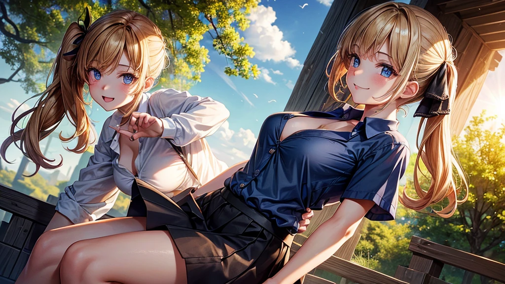 1girl, solo, summer, village, trees, sun, clouds, chestnut hair, side ponytail, large breasts, ((popping shirt buttons)), button down, unbuttoning buttons, ((taking off clothes)), bra, dark blue eyes, ((dark blue shirt)), ((unbuttoned shirt)), ((short sleeved shirt)), cleavage 1:3, black skirt, brown shoes, grin, looking at the viewer, standing, hair ribbon, golden necklate