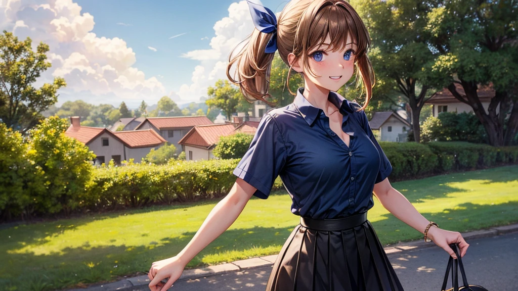 1girl, solo, summer, village, trees, sun, clouds, chestnut hair, side ponytail, large breasts, ((popping shirt buttons)), button down, unbuttoning buttons, ((taking off clothes)), bra, dark blue eyes, ((dark blue shirt)), ((unbuttoned shirt)), ((short sleeved shirt)), cleavage 1:3, black skirt, brown shoes, grin, looking at the viewer, standing, hair ribbon, golden necklate