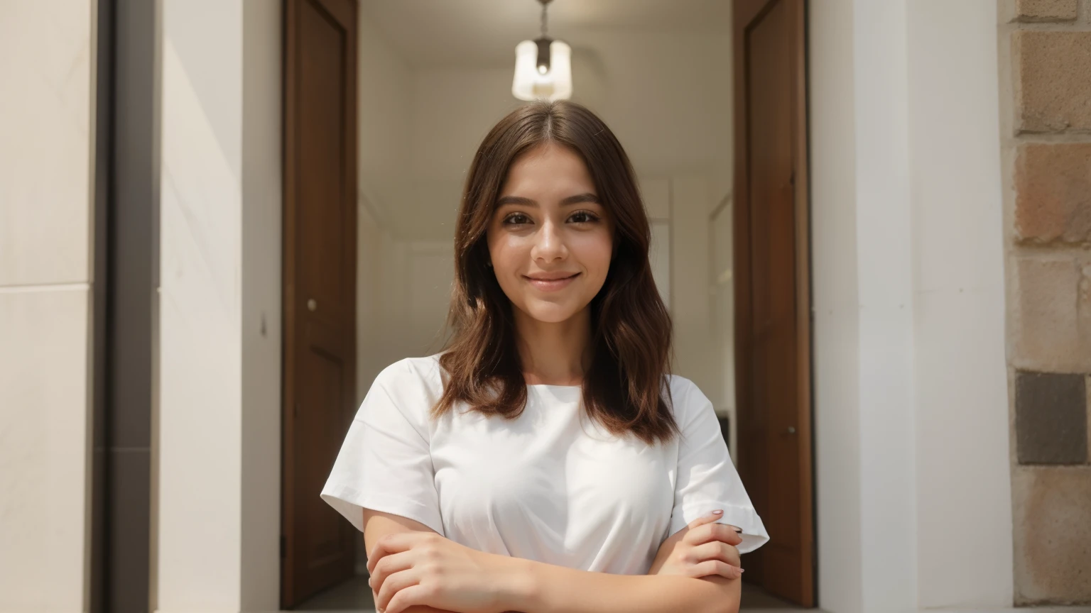 smiling girl , in a bright room, obturador, olhando para o telefone dele, parece inteligente, fotografia, foto, smart appearance, imagem de estoque, arte em alta, garota bonito, garota atraente, Cool appearance, full body, crossed arms, parecendo inteligente, foto, vestido casualmente, retrato de alta qualidade, instagram post, cintilante, good looking, a foto, foto de retrato