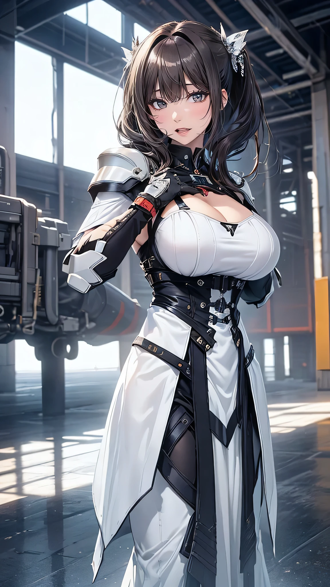 (random fighting pose:1.5),(leather boots,(asymmetrical mecha armor),(long embroidered white lace dress,see through:1.2),(random hairstyle),(Thin type:1.5),(large breasts:1.5),(Highest image quality,(8K), Ultra-realistic, Best Quality, High quality, High Definition, high quality texture, high detailing, Beautiful detailed, fine detailed, extremely details CG, Detailed texture, realistic representation of face, masterpiece, presence)