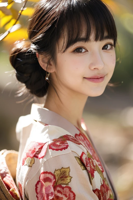 (Realistic:1.3), Rembrandt Lighting, (masterpiece:1.2), (photoRealistic:1.2), (highest quality), (Detailed skin:1.3), (Intricate details), Ray Tracing,One girl, Japanese Girls, 21 years old, Detailed skin texture, (blush:0.5), Scattered beneath the surface, smile, Updo, bangs, Hair between the eyes, hair ornaments, kimono, Floral print, Wearing edgJF_kimono, seiza (Bright sunny day, Autumn scenery, Autumn Tree々and leaves, (It was transparent:1.2),underwear