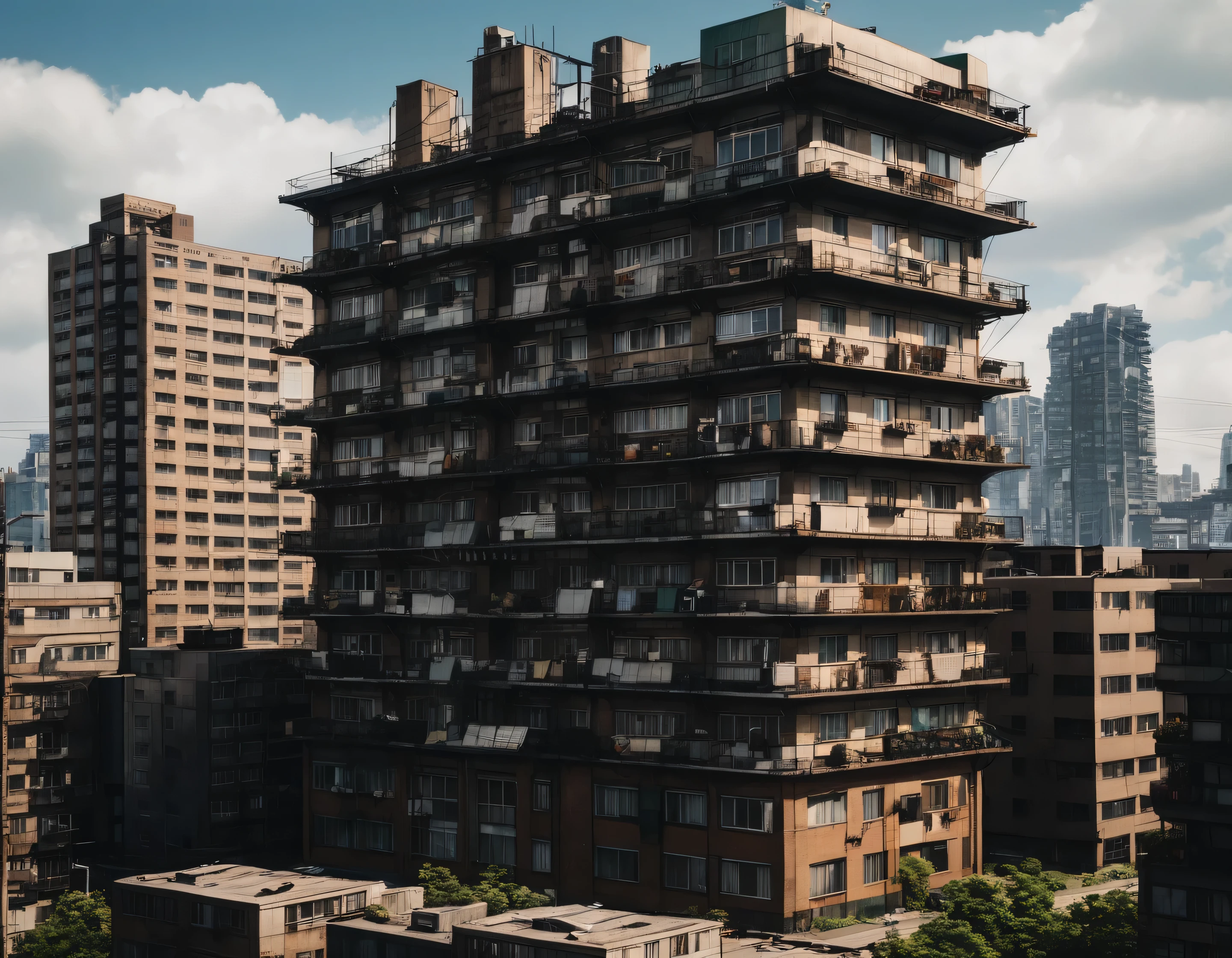 an apartment building in the style of midgar city with a cityscape in the background