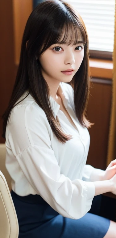 masterpiece, highest quality, 8k, 20th generation, Big Breasts, cute, alone, sad, cute, Girlish,cute 繊細な女の子, cute、Pure beauty, RAW Photos, Professional photography, Portraiture, Soft Light, Professional Lighting, Backlight, Upper Body, avert your eyes, Sophisticated, Film Grain, (Eye and facial details:1.0), Round face、Floating Hair, beautiful, Flowing hair, Asymmetrical bangs、(Big Breasts:1.0)、loose white blouse、Navy blue cardigan、You can see a little bit of her chest、Micro Mini Skirt、Exposed thighs、Voluptuous thighs、dolly make、Heterochromia iridis、Office at night、In front of the computer、sitting in an office chair、
