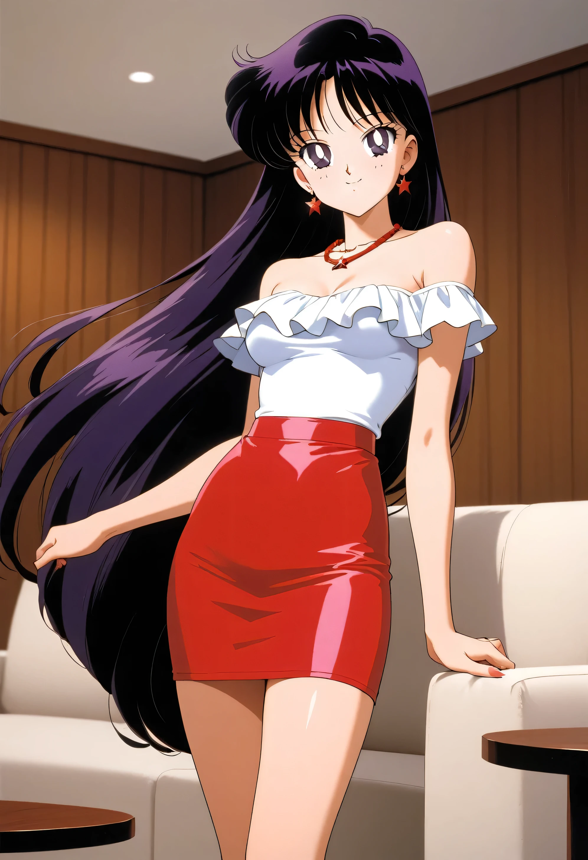 aamars, very long hair, black hair, parted bangs, purple eyes, 1990s \(style\), 1 girl, solo, Best quality, masterpiece, High Definition, strapless, short sleeve white ruffle off the shoulder tank top, a purple skin tight pencil skirt, standing up, arms at sides, necklace, indoors, sofa, seductive smile