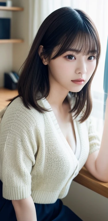 masterpiece, highest quality, 8k, 20th generation, Big Breasts, cute, alone, sad, cute, Girlish,cute 繊細な女の子, cute、Pure beauty,  RAW Photos, Professional photography, Portraiture, Soft Light, Professional Lighting, Backlight, Upper Body, avert your eyes, Sophisticated, Film Grain, (Eye and facial details:1.0), Round face、Floating Hair, beautiful, Flowing hair, Asymmetrical bangs、(Big Breasts:1.0)、loose white blouse、Navy blue cardigan、You can see a little bit of her chest、Micro Mini Skirt、Exposed thighs、Voluptuous thighs、dolly make、Heterochromia iridis、Office at night、In front of the computer、sitting in an office chair、