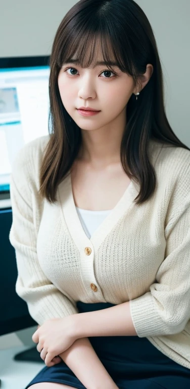 masterpiece, highest quality, 8k, 20th generation, Big Breasts, cute, alone, sad, cute, Girlish,cute 繊細な女の子, cute、Pure beauty, RAW Photos, Professional photography, Portraiture, Soft Light, Professional Lighting, Backlight, Upper Body, avert your eyes, Sophisticated, Film Grain, (Eye and facial details:1.0), Round face、Floating Hair, beautiful, Flowing hair, Asymmetrical bangs、(Big Breasts:1.0)、loose white blouse、Navy blue cardigan、You can see a little bit of her chest、Micro Mini Skirt、Exposed thighs、Voluptuous thighs、dolly make、Heterochromia iridis、Office at night、In front of the computer、sitting in an office chair、