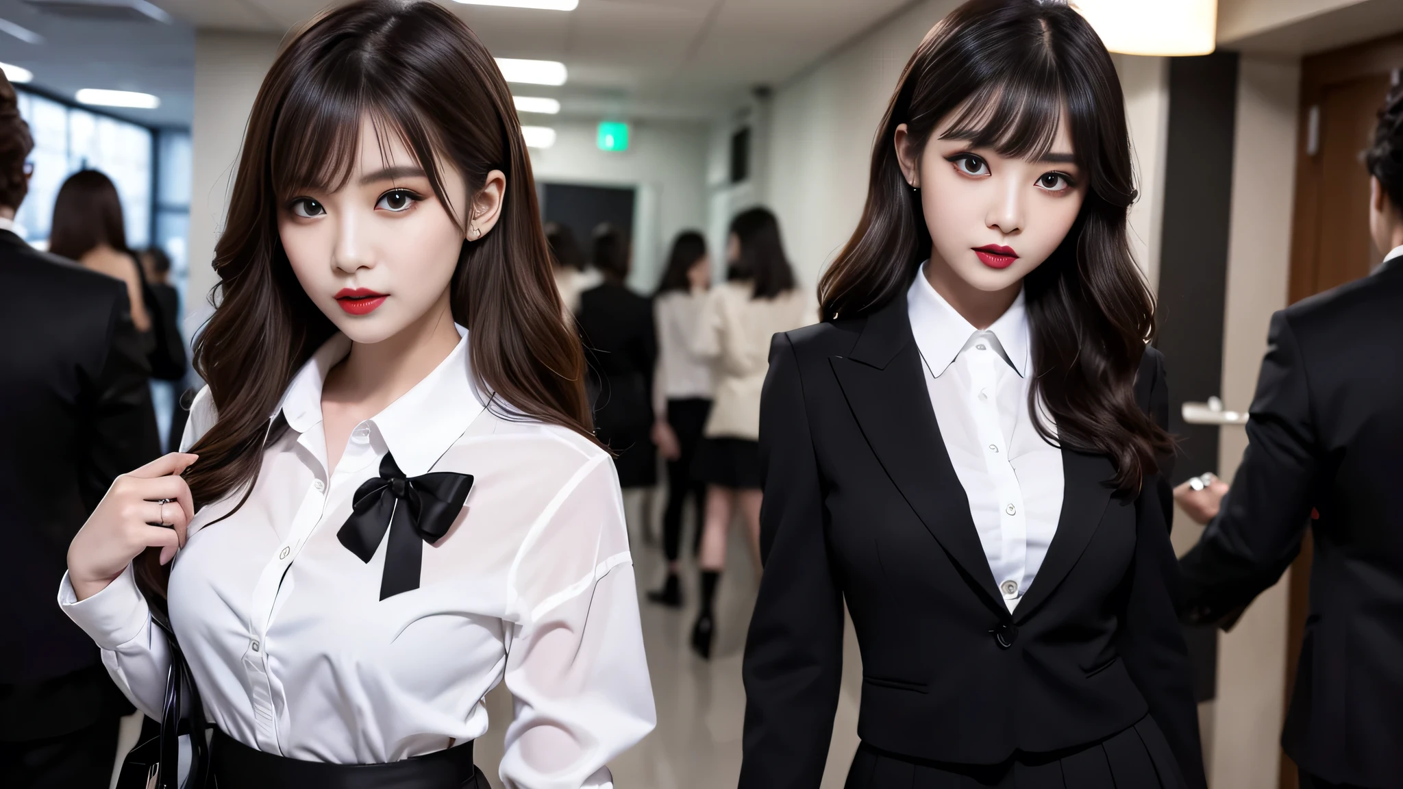 best quality、ultra-detailed、4k、Japanese、Seductive beauty、seductive adult woman、Pretty Woman、cool girl、Villainess、Brainwashed、brainwash、Fallen into evil、smirk、Evil look、Wicked Smile、evil、Brown hair、wavy hair、swept bangs、dark makeup、dark makeup、piercing eyes、hollow eyes,half-closed eyes、Hollow Eyes、purple Eyeshadow、black lipstick、black lipglos、office staff suit、suit、Jacket、Black sleeves、White Shirt、Black Ribbon、Tight Skirt、pantyhose、night、inside darkroom、Are standing、shoot from below、Have lipstick、Emblem of Evil、Crest of Darkness、Swear allegiance、I have pledged my allegiance、Dye black、Blackening、Stained with evil、Dyed in darkness、Seduce