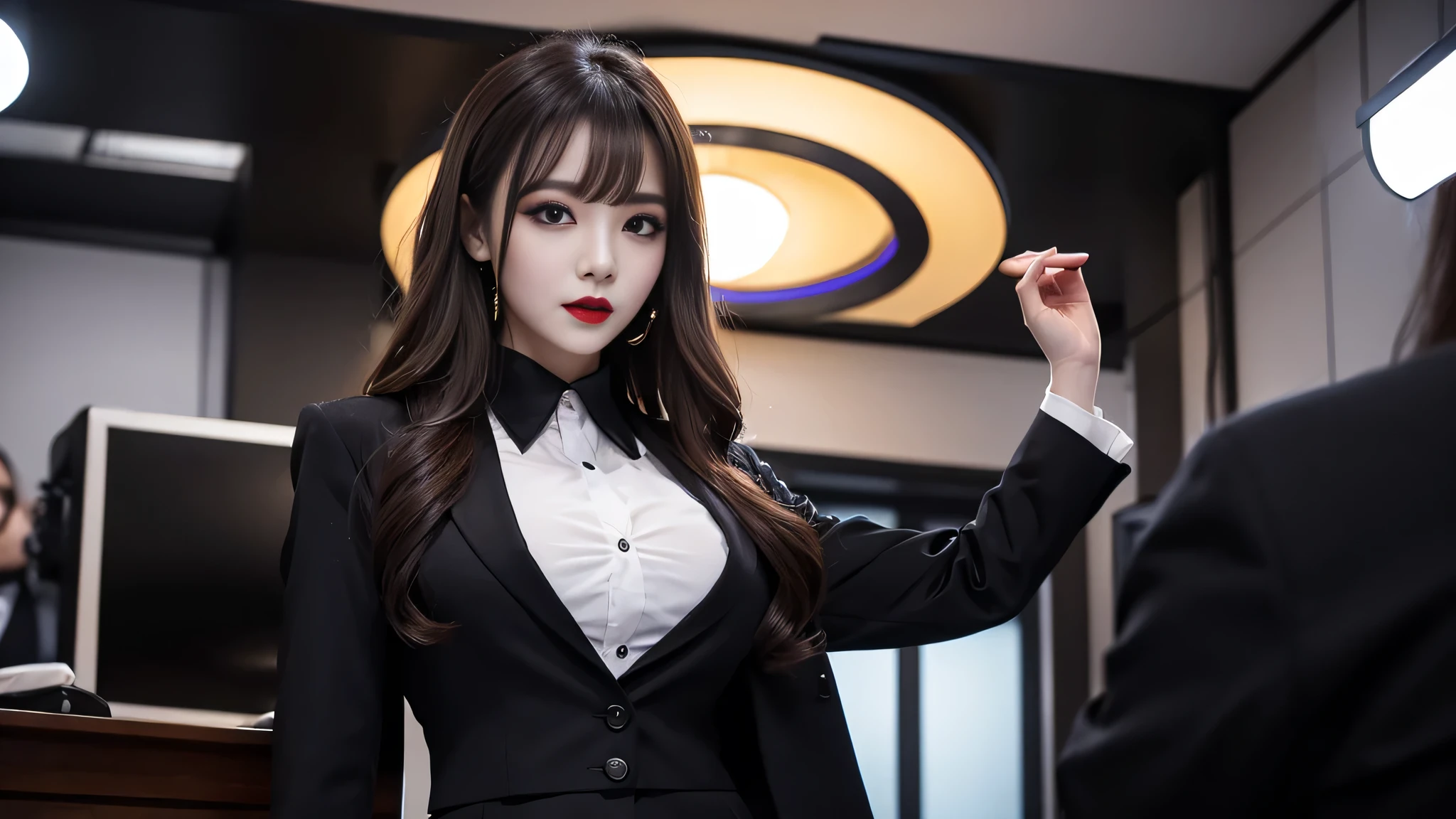 best quality、ultra-detailed、4k、Japanese、Seductive beauty、seductive adult woman、Pretty Woman、cool girl、Villainess、Brainwashed、brainwash、Fallen into evil、smirk、Evil look、Wicked Smile、evil、Brown hair、wavy hair、swept bangs、dark makeup、dark makeup、piercing eyes、hollow eyes,half-closed eyes、Hollow Eyes、purple Eyeshadow、black lipstick、black lipglos、office staff suit、suit、Jacket、Black sleeves、White Shirt、Black Ribbon、Tight Skirt、pantyhose、night、inside darkroom、Are standing、shoot from below、Have lipstick、Emblem of Evil、Crest of Darkness、Swear allegiance、I have pledged my allegiance、Dye black、Blackening、Stained with evil、Dyed in darkness、Seduce