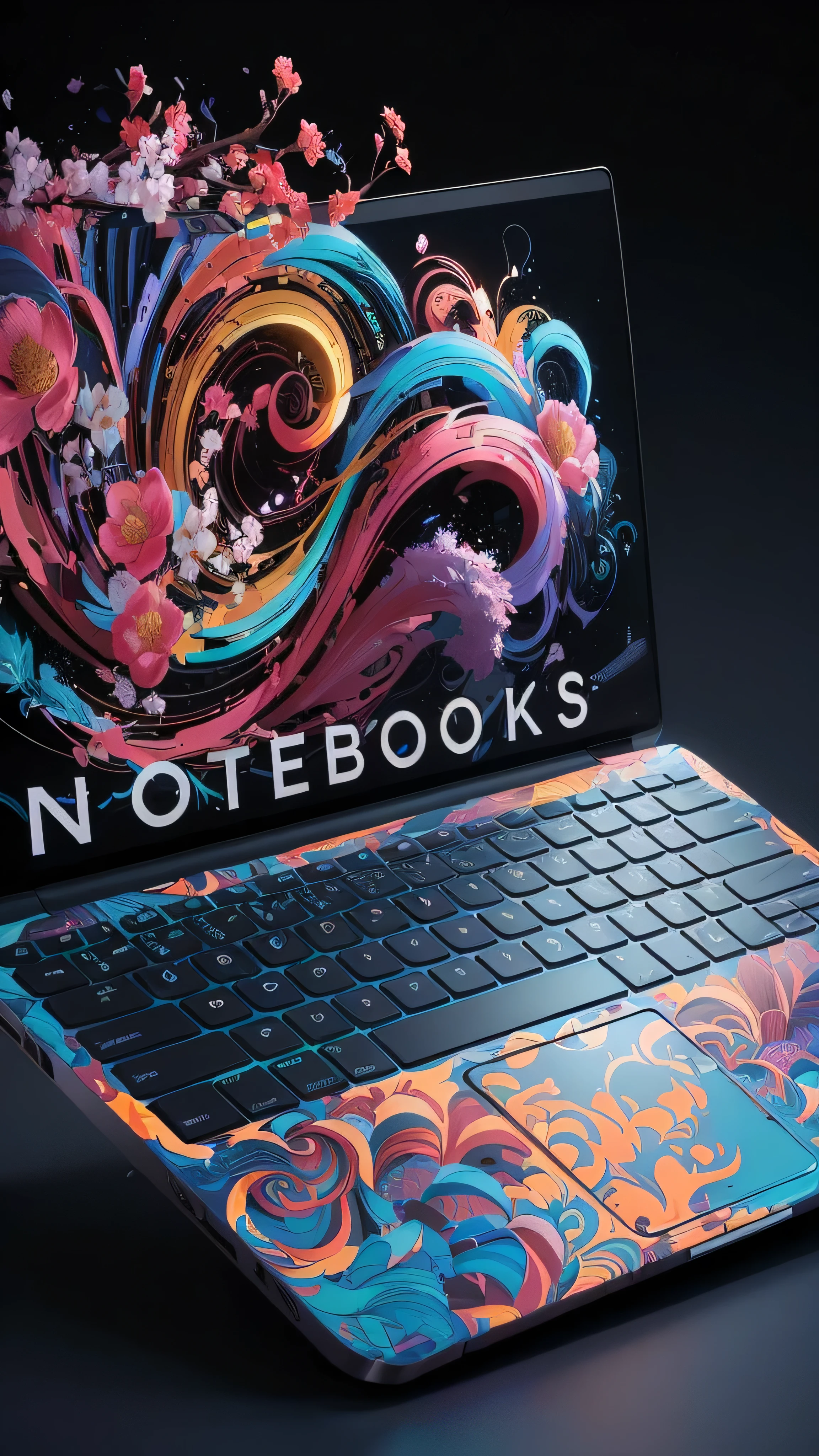 there is a laptop with a colorful design on the screen, vibrant and dynamic, cadernos, vibrante e poderoso, beeple e james jean, caderno, Papel de parede de Tristan Eaton, cores fortes e vibrantes, com colorido intrincado, hand painted style, detalhes e cores vivas, design hiperbesta, detalhes coloridos, nvidia e behance, Thomas Kinkade e Tristan Eaton