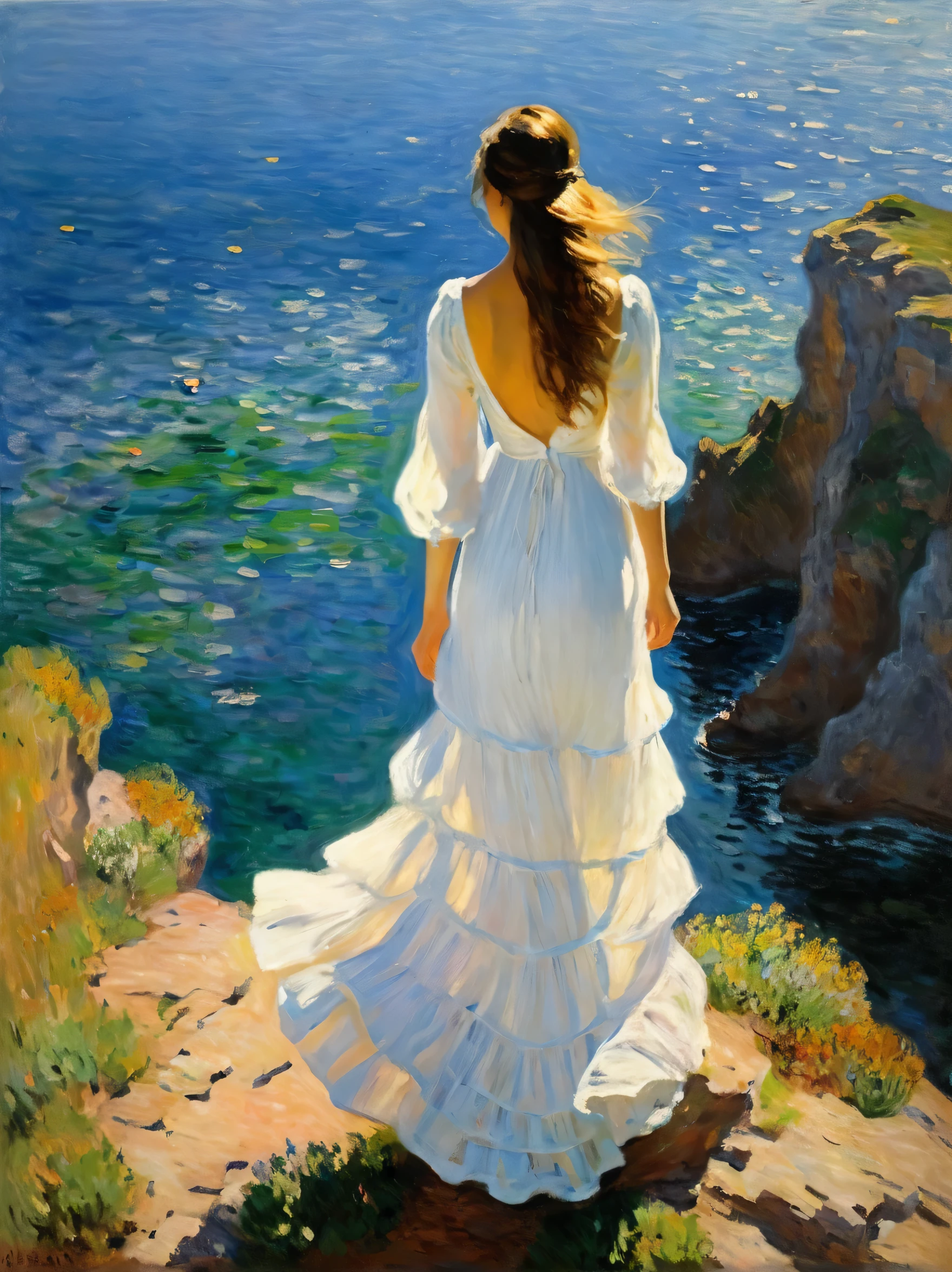 (Estilo Claude Monet:1.3),(A young Caucasian woman wearing a flowing white dress,Stand on the edge of a cliff,Seus olhos estavam focados no mar selvagem e agitado abaixo dela..),A perspectiva da lente grande angular captura a escala e o poder bruto do mundo natural que a rodeia