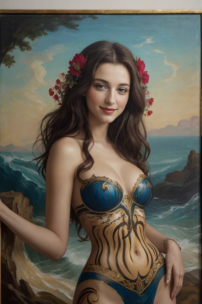Nathalie Portmann,  25 ans, seductive look, sourire romantique, fine, brune, yeux verts, masterclass, 8K, UHD, HD, High quality,   sexy, bodypainting, dans un atelier de peinture, tableaux, peinture partout sur le mur, motif de vague japonaise, topless, bodypainting, motif de tableau de la renaissance, impressionnisme, tableau renaissance peint sur le corps