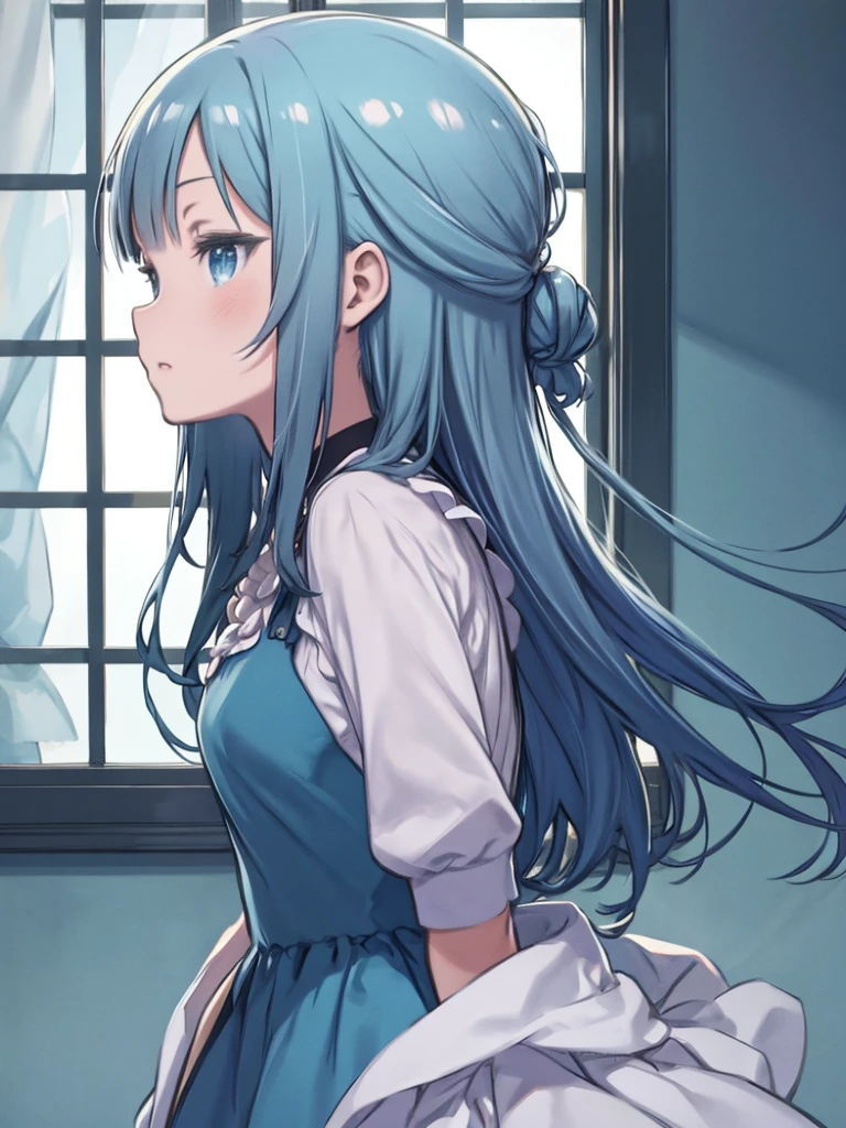 Anime girl in blue dress standing in front of window、Charming character, Profile picture, high quality, Detailed face, Manga style.