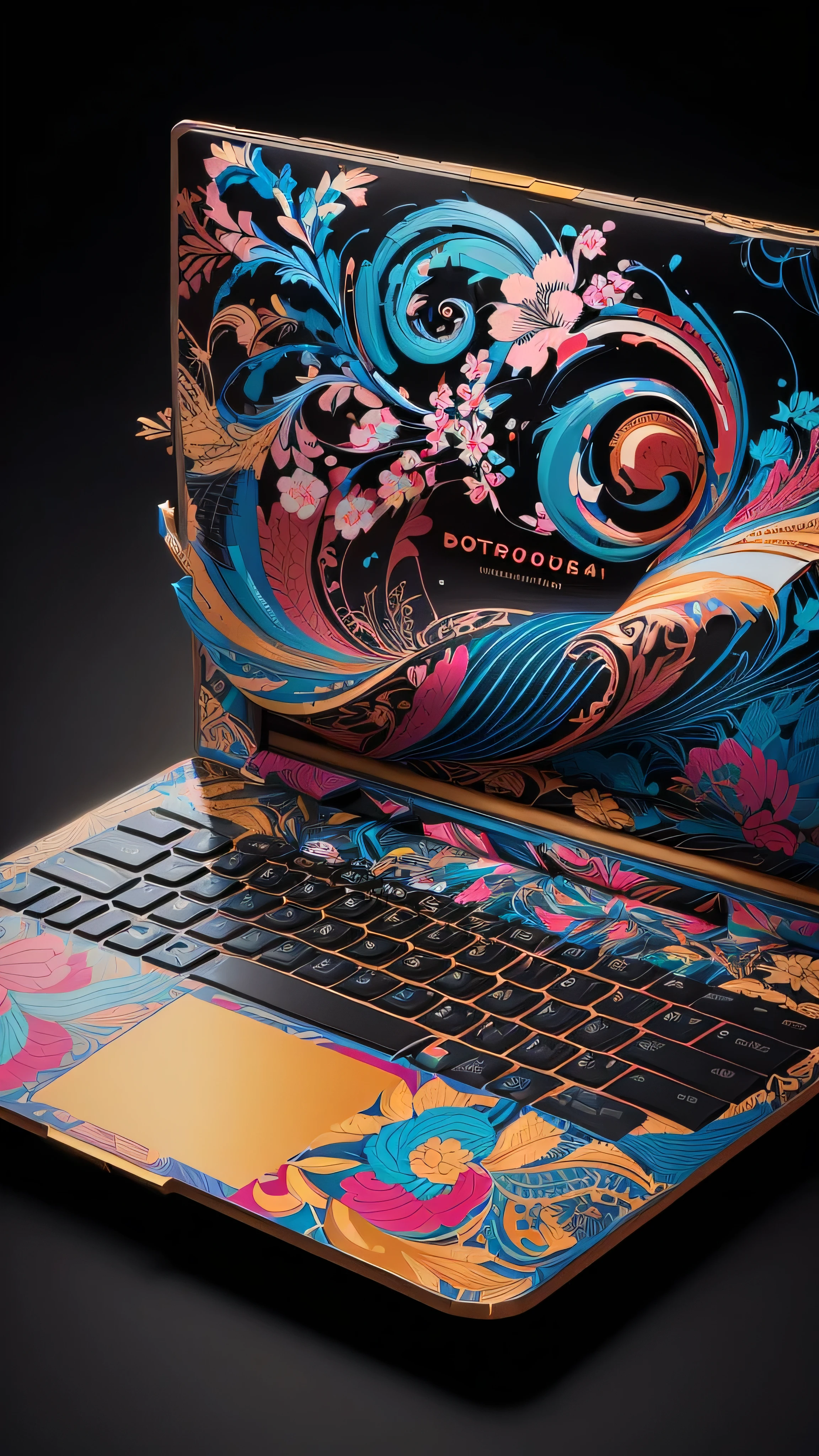 um close de um laptop com um design colorido na tela, beeple e james jean, ultra intricado, pele com estampa floral, ultra intricado details, ornamentado e fluindo, with colourful intricado, highly intricado in technicolor, intricado fluid details, pintura digital | intricado, glossy intricado design, Papel de parede de Tristan Eaton, intricado pintura digital, design hiperbesta