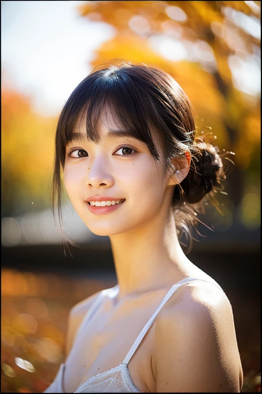 (Realistic:1.3), Rembrandt Lighting, (masterpiece:1.2), (photoRealistic:1.2), (highest quality), (Detailed skin:1.3), (Intricate details), Ray Tracing,One Girl, Japanese Girls, 21 years old, Detailed skin texture, (blush:0.5), Scattered under the surface, smile, Updo, bangs, Hair ween the eyes, , underwear, Wearing edgJF, seiza (Bright sunny day, Autumn scenery, Autumn Tree々And leaves, (It was transparent:1.2)