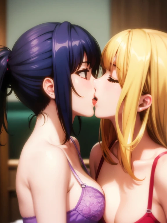 masterpiece, quality, A high resolution,((( 2 girls))), ((Yuri)), ((this kiss:1.4)), giving a hot kiss, in the bedroom, sexy lingerie, big