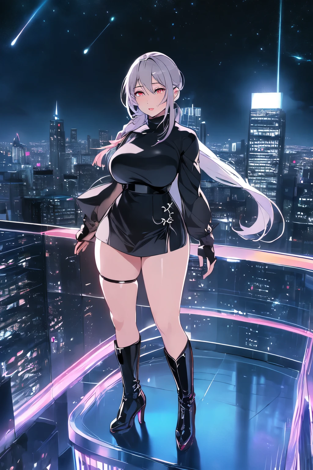 anime, (artwork, best quality, ultra-detailed, high contrast), 1 woman (Alone, full body, plus size body, standing on the edge of the skyscraper, silver hair, LONG In a ponytail, red eyes (detailed eyes), embarrassed expression, red lips (perfect lips), ruby sparkles, (simple black qipao), high heel boots black cybernetics with neon pink), transparent black socks), (skyscraper roof, overlooking a city, detailed background ((night time, Darkness, low light pollution)))