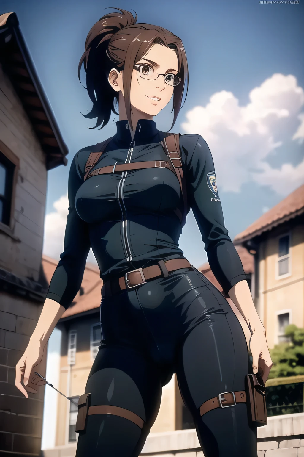 , masterpiece, highest quality, Super detailed, ray tracing, hdR, Depth of the bounds written, (perfect face, detailed face, fine eyes), 8K, hd, highest quality, Super detailed, shining eyes, Fair skin,
upright, medium breasts, beautiful medium breasts, wide hips, tight waist, pink lips, long eyelashes, brown ponytail hair, strong color, in a medieval town, adult body, adult face, Hange AOT, Hange AOT, pants, black pants, black suit, Day, heaven_army_uniform, null, cloud, outdoor, uniform, symbol, training_corps_\(symbol\), belt, glasses, boots, thigh_strap, Three dimensions_maneuver_Equipment, investigation_corps_\(symbol\), ((tight clothes)), shining brown eyes, tired eyes, Brown Hair, greek nose, Harness, alone, 1 girl, masterpiece, highest quality, High resolution, Harness, ((masterpiece)), highest quality, Fair skin, notably long eyelashes, cute face, perfect face, high quality face, mature face,((realistic)),cameltoe,nsfw,)nude), seductive smile, ((standing with spread legs)) ((highly detailed face))