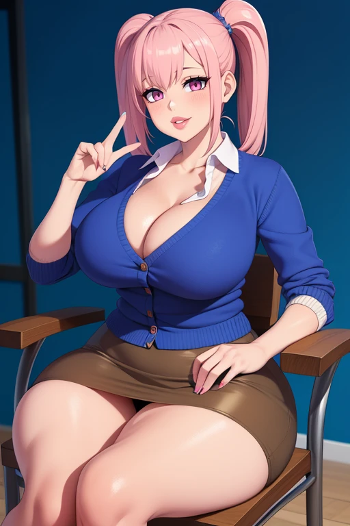 pelo color rosa, pelo color rosa intenso, cabello rosado, ojos azules intenso, ojos color azul, intense blue eyes, electric blue eyes, color de ojos azules, labios enormes, labios hinchados, double ponytails hairstyle, double ponytails hair, pechos grandes, pechos enormes, Figura de reloj de arena, (cintura estrecha), confianza, superioridad, Palo de golf, malcriado, bully, muslos gruesos, pendientes, arriba, diafragma, Bermudas, sonrisa, medio plano, evil sonrisa, cara de gemido, cardigan, falda ajustada, long skirt, brown skirt, grande , from the front, in therapy (terapeuta, sentada en una silla, realistic lighting), pechos grandes, caderas grandes, front, from the front