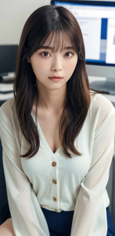 masterpiece, highest quality, 8k, 20th generation, Big Breasts, cute, alone, sad, cute, Girlish,cute 繊細な女の子, cute、Pure beauty, RAW Photos, Professional photography, Portraiture, Soft Light, Professional Lighting, Backlight, Upper Body, avert your eyes, Sophisticated, Film Grain, (Eye and facial details:1.0), Round face、Floating Hair, beautiful, Flowing hair, Asymmetrical bangs、(Big Breasts:1.0)、loose white blouse、Navy blue cardigan、You can see a little bit of her chest、Micro Mini Skirt、Exposed thighs、Voluptuous thighs、dolly make、Heterochromia iridis、Office at night、In front of the computer、sitting in an office chair、