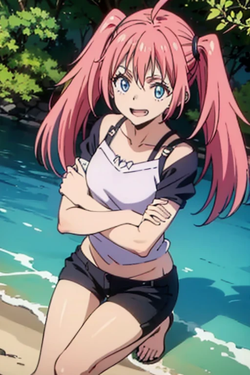 masterpiece, highest quality, 高解picture度，Anime Style、Characters from TenSura、picture、whole body　　　　　　　　　　　　Platinum pink hair（Twin tails:20:1）（Ahoge:1:10）、blue eyes、About 10 years old、smile、The double tooth shines、Tank top、Shorts、Sandy Beach、squat、Ocean、Sand castles