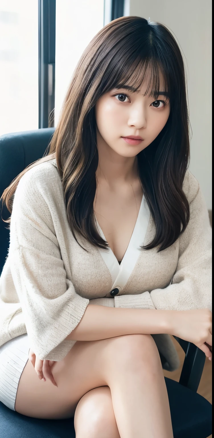 masterpiece, highest quality, 8k, 20th generation, Big Breasts, cute, alone, sad, cute, Girlish,cute 繊細な女の子, cute、Pure beauty,  RAW Photos, Professional photography, Portraiture, Soft Light, Professional Lighting, Backlight, Upper Body, avert your eyes, Sophisticated, Film Grain, (Eye and facial details:1.0), Round face、Floating Hair, beautiful, Flowing hair, Asymmetrical bangs、(Big Breasts:1.0)、loose white blouse、Navy blue cardigan、You can see a little bit of her chest、Micro Mini Skirt、Exposed thighs、Voluptuous thighs、dolly make、Heterochromia iridis、Office at night、In front of the computer、sitting in an office chair、