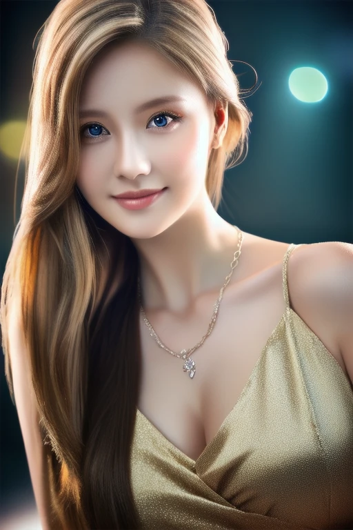 a beautiful russian woman in her 20s, light brown hair, fine white skin, attractive face, tight waist, cleavage, smiling kindly, wearing stylish clothes and necklace, active posing, detailed eyes, nose, lips, long eyelashes, perfectly balanced body, rough hairstyle, (best quality,8k,highres,masterpiece:1.2),ultra-detailed,(realistic,photorealistic,photo-realistic:1.37),HDR,UHD,studio lighting,ultra-fine painting,sharp focus,physically-based rendering,extreme detail description,professional，russian idol，bewitching look