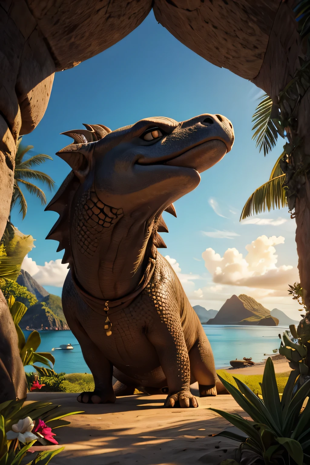 Generate a cover for the book that tells an adventure full of enigmas of a search for treasure on the island of Komodo in Indonesia. A ilha de Komodo tem praias selvagens e cavernas misteriosas.