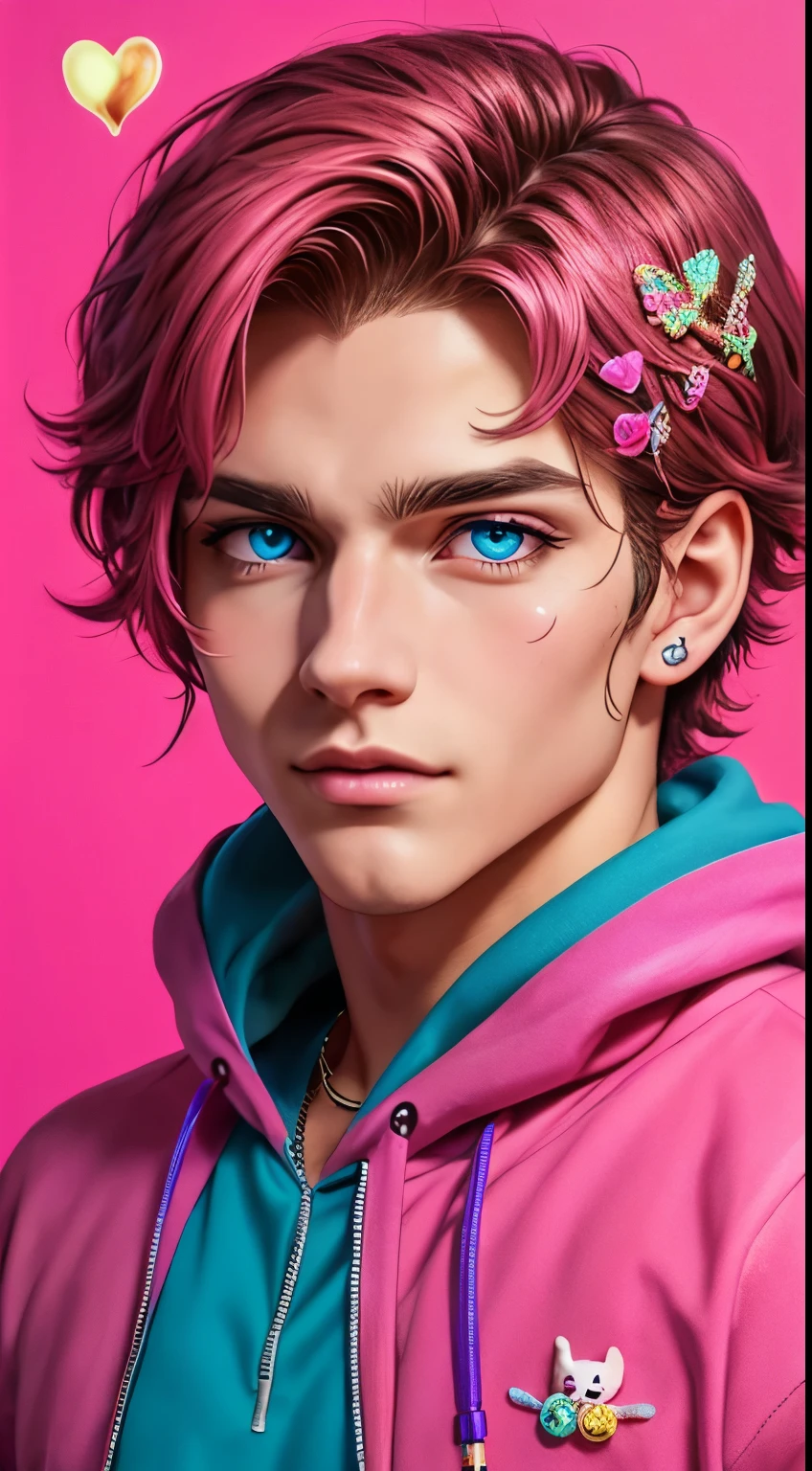 Portraits,{heart effects},{Vivid Color},Pink background, multiple monochromatic colors,Wind,looking at viewer,pretty,{{Pink hospital room}}, {bandages},{pop syringe},short hair,Vivid Color,Beautiful, detailed eyes, jewel-like eyes, colorful eyes, sparkling eyes,{{{Youth}}},Good looking guy,{{{boy}}},{Top quality},{{Colorful mass pills}},{{{colorful mass capsule pills}}},moe sleeves,hoodie,hairpin,rabbit,pink effect,purple cross,pink heart,stuffed cat,pink hair,top quality,CG,High Resolution,Illustration,Beautiful detailed eyes,looking at viewer,finely drawn, {Art Book}, {{Vivid Color}},Long lashes, lots of lashes,{{Face close-up}},leaning to the side,{{{Male}}},mysterious,night,{young men},{{adult men}},{{{sanpaku eyes}}}, {{{scornful eyes}}},{{{He's handsome}}}, {{Beautiful young man}},{{{{Good looking guy}}}}, Colorful, Beautiful, detailed eyes, jewel-like eyes,colorful eyes, sparkling eyes,{{{{{boy}}}}},Wind,{1boy},{1 person}