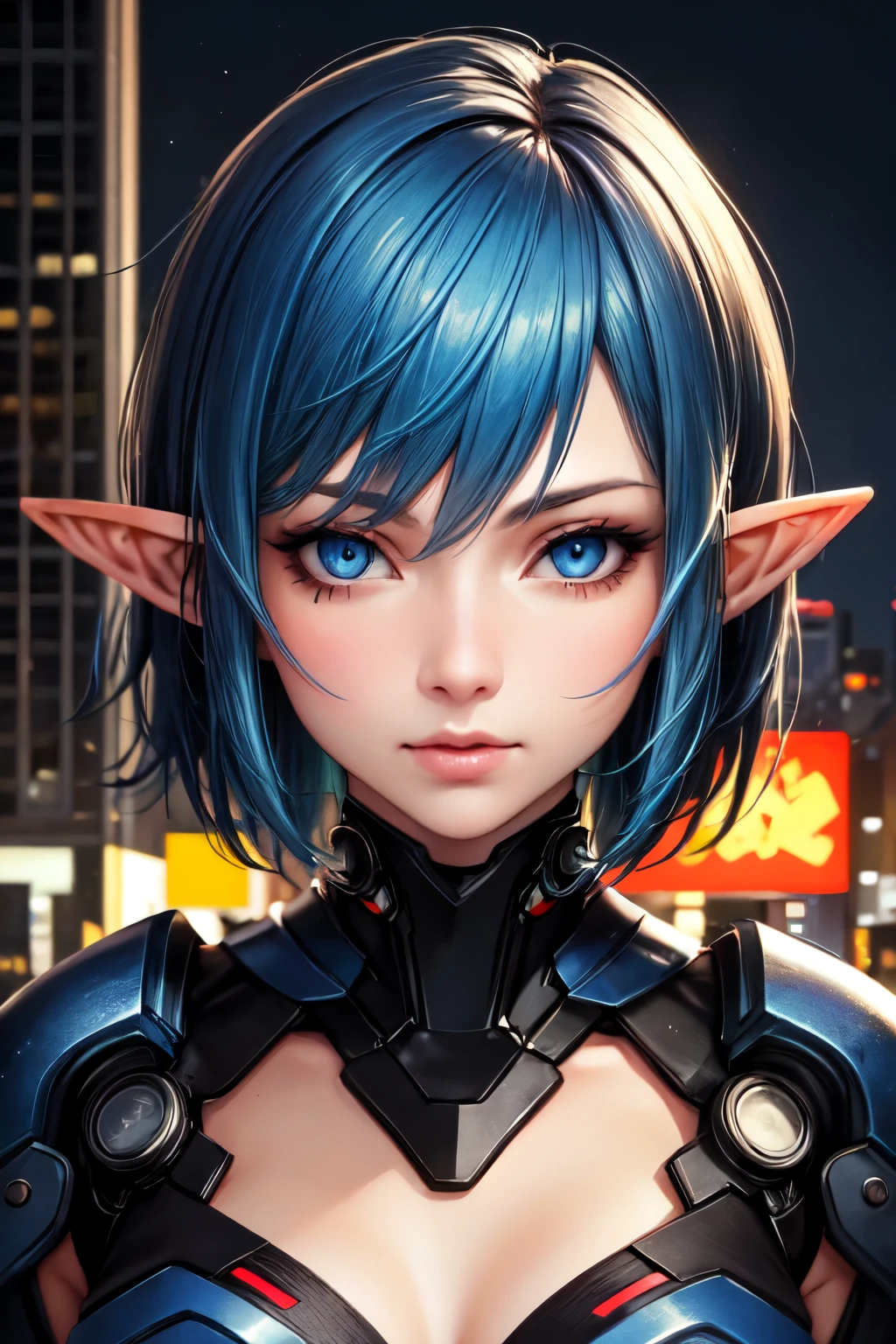 ((best quality)), ((masterpiece)), (detailed), perfect face, cyberg, elf, cyberpunk, dark blue hair, short hair, blue eyes, night city