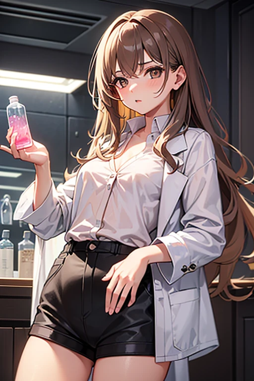 (masterpiece:1.2, highest quality), ultra high resolution, Super detailed, (realistic, photorealistic:1.4), beautiful illustrations, perfect lighting, colorful, Depth of written boundary,
looking at the viewer, whole body, Front view:0.6, 1 girl, alone, Japanese, university student, (big breasts:0.8, big ass, seductive thighs, skin dents),
(long hair:1.5, messy hair:1.7), light gray hair, asymmetrical bangs, emerald green eyes, (shiny skin),
beautiful hair, beautiful face, highly detailed face, thin and beautiful eyes, beautiful clavicle, beautiful body, beautiful breasts, beautiful thighs, beautiful feet, beautiful fingers,
(graduate School:1.8, chemical experiment, researcher:1.6)
((yellow tank top, doctor's white coat:1.8, hot pants, round glasses)), barefoot, (smile, open your mouth),