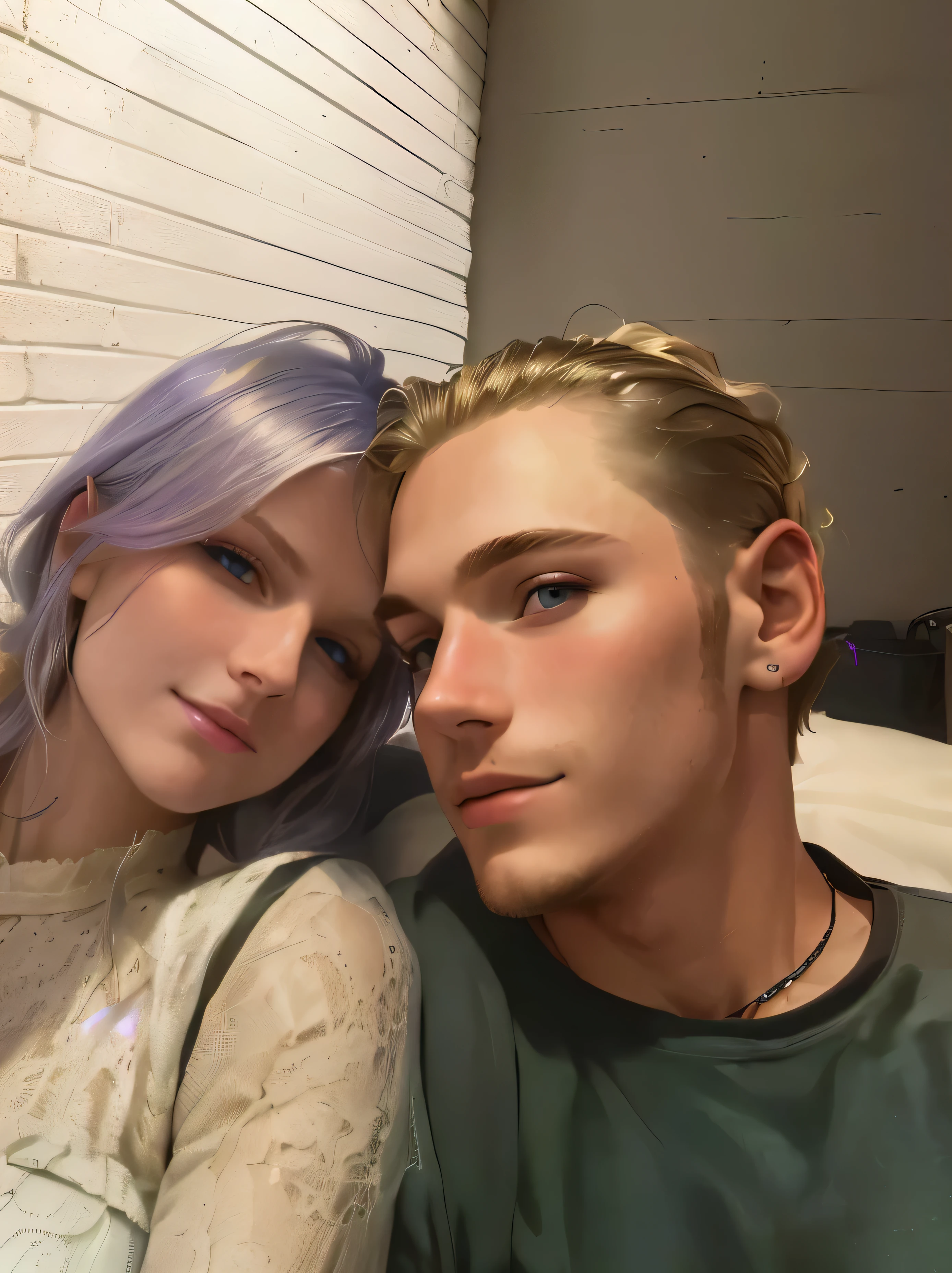 Blonde girl with blue eyes and blond boy with purple hair, xqc, an epic non - binary model, The picture is very, very low quality, # OK, #OK, Petra Collins and Mac. Escher, pale skin and violet eyes, Twitch streamer / gamer Ludwig, high quality portrait, filmed in early 2020s, she has purple hair