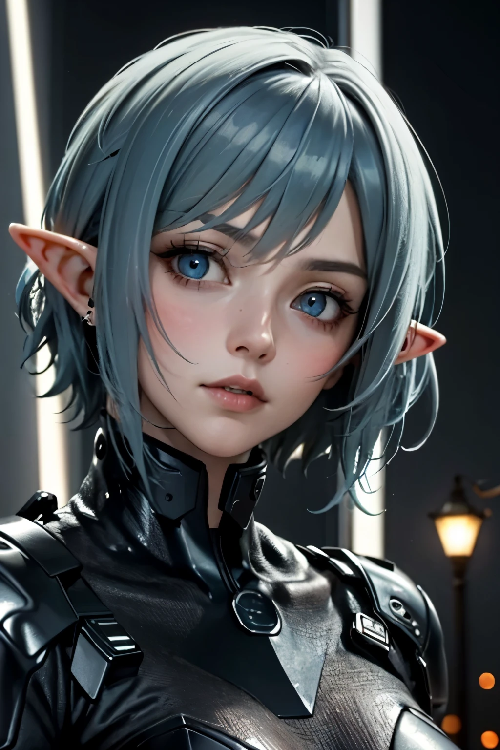 ((best quality)), ((masterpiece)), (detailed), perfect face, cyberg, elf, cyberpunk, dark blue hair, short hair, blue eyes, night city