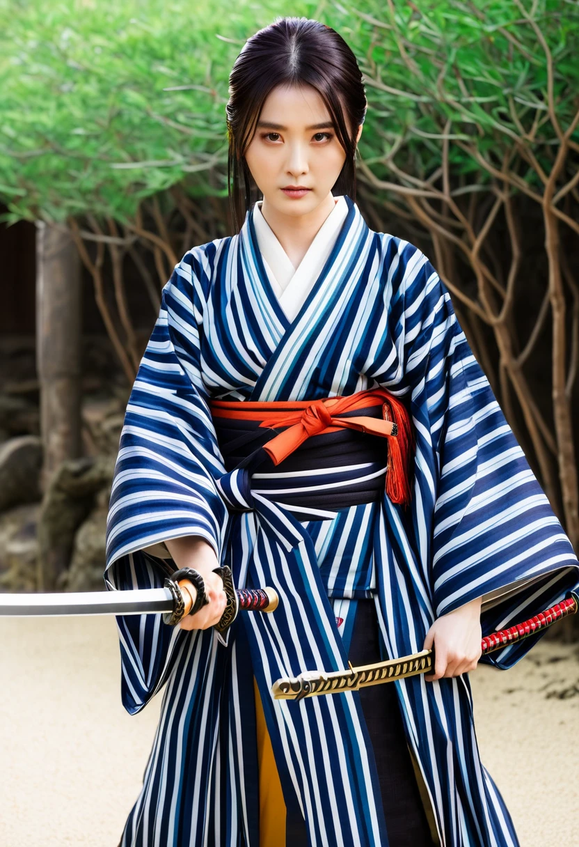 Arabian woman wearing striped kimono and holding a sword, Super villain IU Lee Ji-eun, The fox and the bush holding a naginata, The fox and the bush, kunoichi, in kimono, Dilraba Dilmurat, Wearing kimono and armor, She has a sword, from me, Pulling out the sword