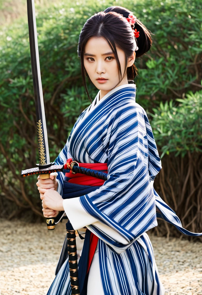 Arabian woman wearing striped kimono and holding a sword, Super villain IU Lee Ji-eun, The fox and the bush holding a naginata, The fox and the bush, kunoichi, in kimono, Dilraba Dilmurat, Wearing kimono and armor, She has a sword, from me, Pulling out the sword