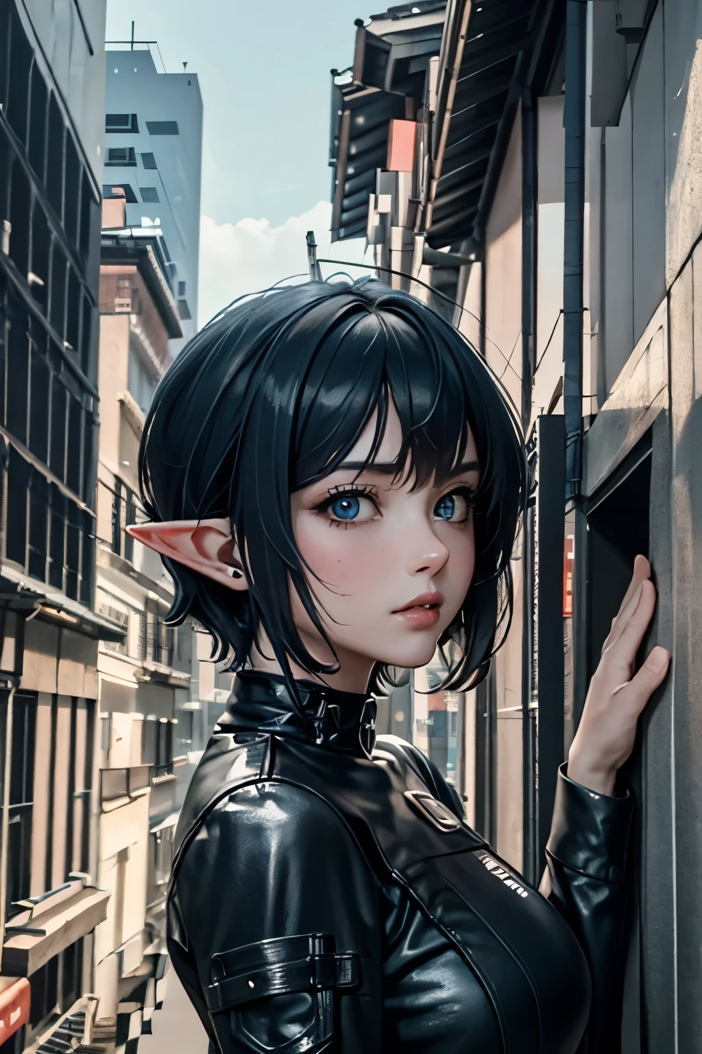 ((best quality)), ((masterpiece)), (detailed), perfect face, cyberg, elf, cyberpunk, dark blue hair, short hair, blue eyes, night city