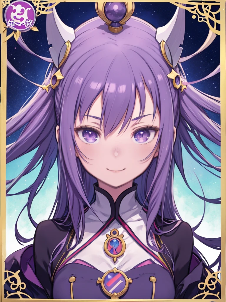 Anime girl with long hair and purple eyes in front of a blue background、Anime girl with purple hair and red eyes, Wearing a purple dress, smile wickedly,  Showcasing a retro anime moe art style, Applying colors and details to the Knights of the Zodiac. In this portrait, This photo captures Keqing&#39;s energetic presence during the match., Add a sense of both innocence and mischief to a woman&#39;s face. 
