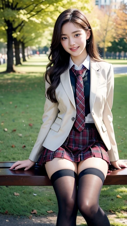 18-year-old high school girl、high-school uniform、Brown blazer、Mini Pleated Skirt、The skirt flips up in the wind、White panties are visible、brown hair waving in the wind