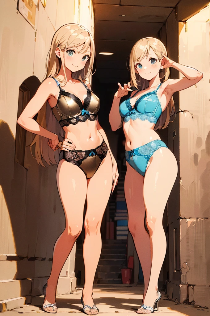 Multiple Girls, (masterpiece:1.8),(highest quality:1.8),(Very detailed:1.8),(8k:1.8),(Ultra-fine Illustration:1.5),Random hairstyle,Flat Chest,Small Ass,(Random Color Luxury Metallic,,Delicate lace lingerie:1.4),,See-through bra,Nipples are visible through the,(Pose with a smile:1.5),Walking through the tunnel,(Full body angle),,