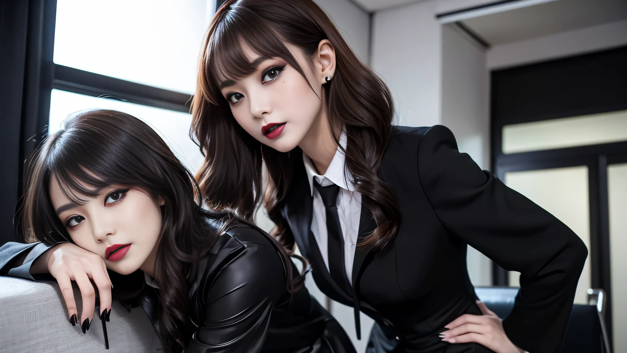 best quality、ultra-detailed、4k、Japanese、Seductive beauty、seductive adult woman、Pretty Woman、cool girl、Villainess、Brainwashed、brainwash、Fallen into evil、smirk、Evil look、Wicked Smile、evil、Brown hair、wavy hair、swept bangs、dark makeup、dark makeup、piercing eyes、hollow eyes,half-closed eyes、Hollow Eyes、purple Eyeshadow、black lipstick、black lipglos、office staff suit、suit、Jacket、Black sleeves、White Shirt、Black Ribbon、Tight Skirt、pantyhose、night、inside darkroom、Are standing、shoot from below、Have lipstick、Emblem of Evil、Crest of Darkness、Swear allegiance、I have pledged my allegiance、Dye black、Blackening、Stained with evil、Dyed in darkness、Seduce