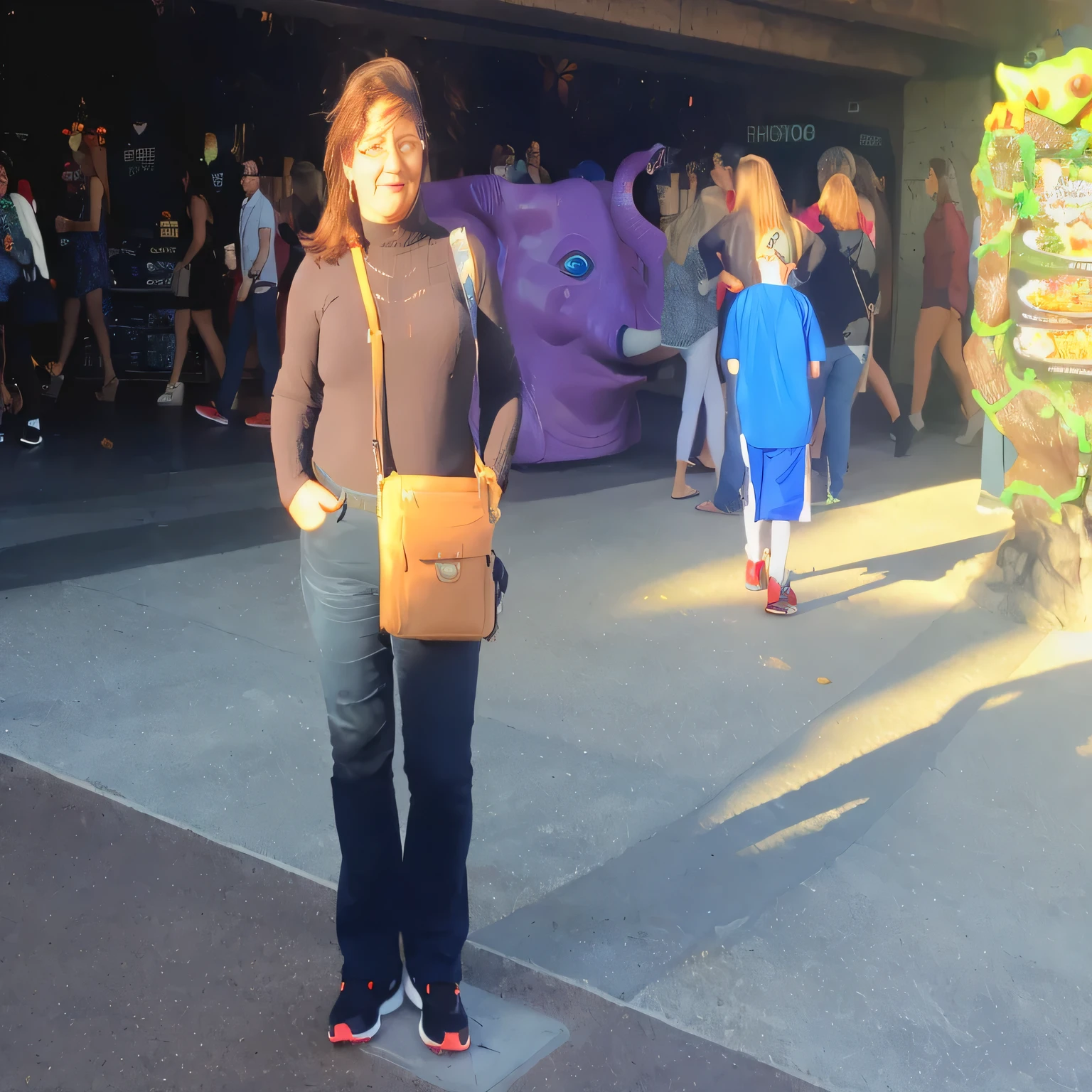 there is a woman standing in front of a giant elephant statue, at california adventure, in zootopia city, casually dressed, full body length shot, in disney, full-body-shot, distant full body shot, not cropped, full body wide shot, standing in a city center, in barcelona, full-figure, photo taken in 2016