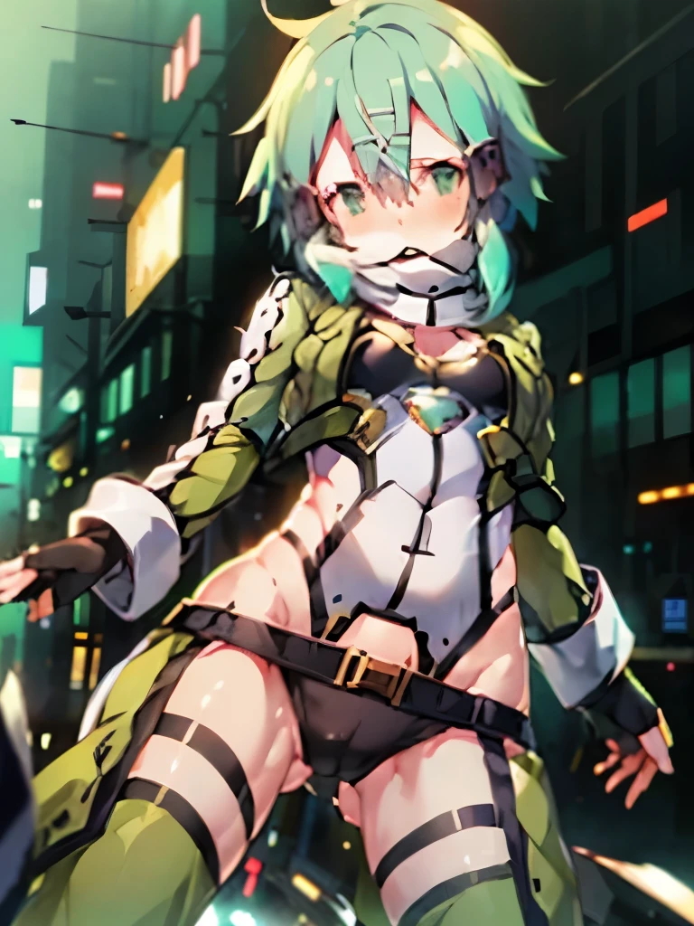 NSFW,Chinon 1,Fingerless gloves,Long sleeve,Short shorts,hair ornaments,Hair Clip,Green knee socks,Green jacket,Thigh straps,Embarrassed,blush,(Perfect hands),(Perfect Anatomy),(masterpiece),(highest quality),Cyberpunk cityscape