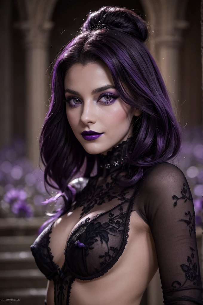 Jeune femme de 25 ans, visage fin, cheveux long, yeux marrons, HD, 8K, masterpiece, sourire romantique, sexy, mascara noir, maquillage noir, black lips, tenue gothique, vêtements noirs et violets, toile d'araignée en dentelle, cheveux noirs et violets, bodypainting, purple paint, dracula, nude, full purple and black bodypainting, piercing, in an abandoned church, vitraux violets et noirs