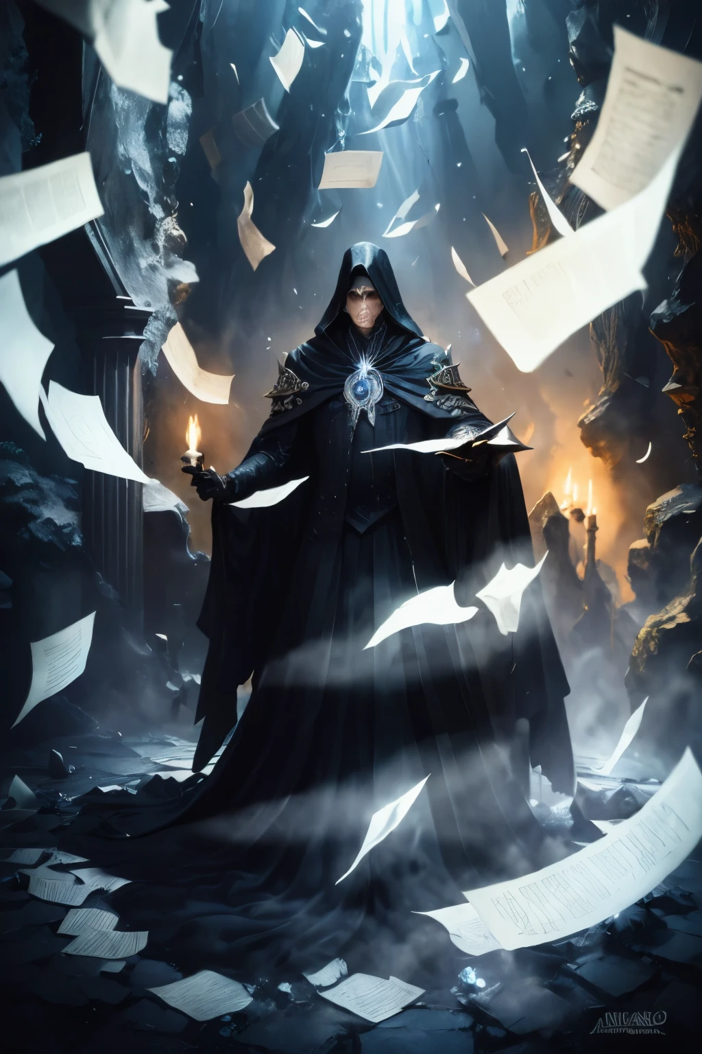 ((Best quality)), ((masterpiece)), ((realistic cartoon)), ((perfect character)):
Dark Mage under a lot of paper, Bureaucracy,In this stunning and highly detailed realistic cartoon. The Dark Mage stands curved with, clad in shrouded in dark garment, complete with flowing garments and ornate patterns. His face is high, adding to his evil and deadly appearance.

The Dark Mage channels the power of Bureaucracy, conjuring dazzling rays and dark energies. The scene is set in a thematically rich environment, filled with magical vibes, and mystical symbols that enhance the ambiance. The dark lighting, crafted with a cinematic touch, casts a spellbinding dark glow, emphasizing the evil aura surrounding the Dark Mage.

Every element of this masterpiece is carefully designed to create a sense of realism and immersion. The intricacies of the Dark Mage, the mesmerizing effects of his conjurations, and the level of detail in his weathered face all contribute to a captivating visual experience. This artwork is presented in stunning UHD resolution, allowing you to appreciate every nuance and intricacy in breathtaking detail.

View from above,fisheye,Eye level, scenic, masterpiece,mtg art,magic the gathering art.