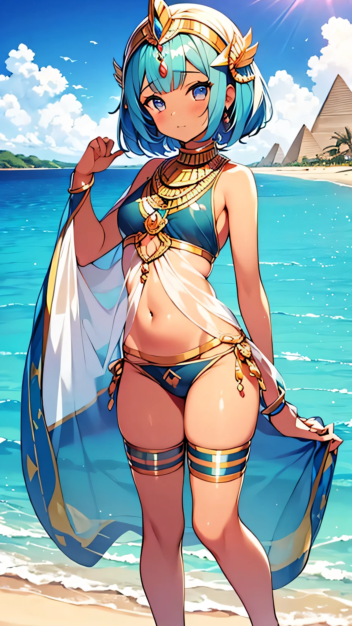 MahabharataPunkAI, ((see through, short clearswimsuit)), tan skin, beautiful, Egypt style, egypt girl, cute, 1 girl,