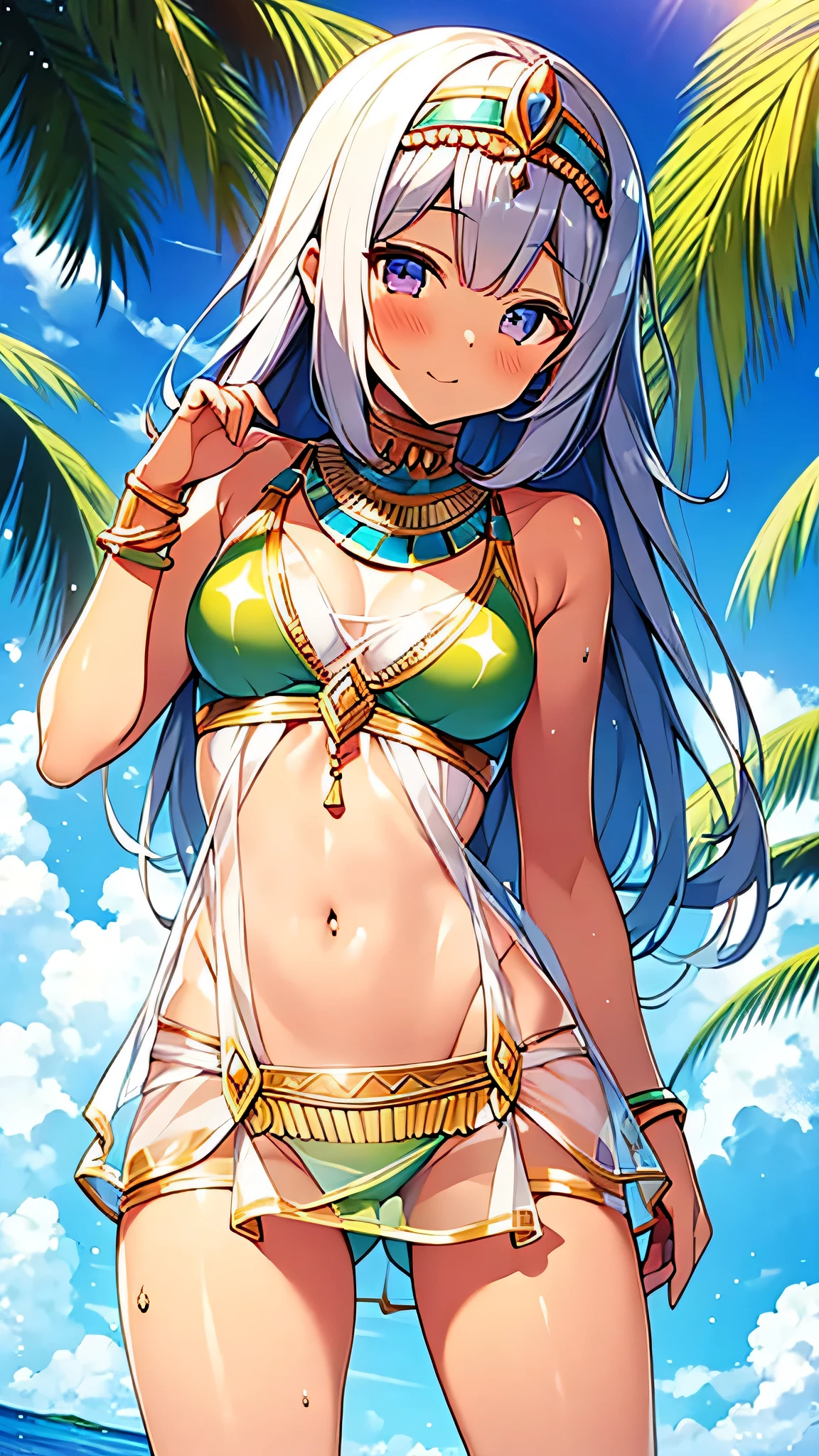 MahabharataPunkAI, ((see through, short clearswimsuit)), tan skin, beautiful, Egypt style, egypt girl, cute, 1 girl,